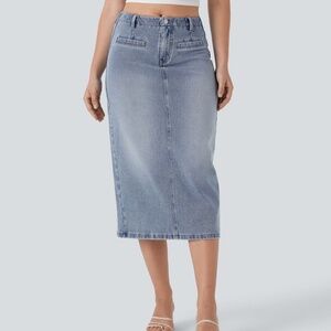 Halara Flex™ Mid Rise Back Midi Washed Denim Casual Straight Skirt with Pockets